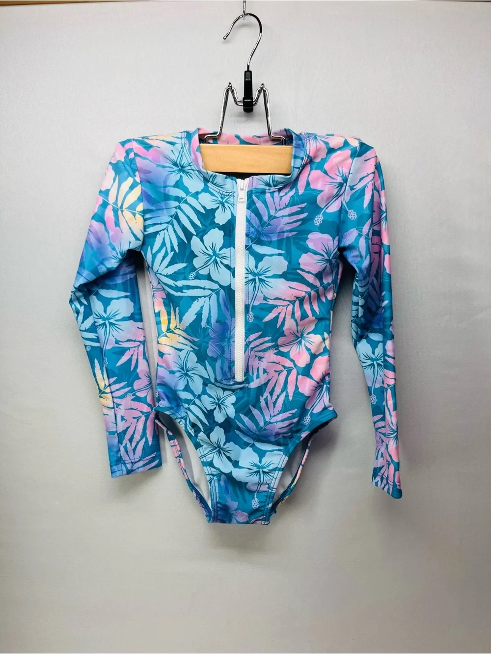 Girls' Tropical Blue & Pink Zip-Front Rash Guard - Kids Swim and Pink  dress